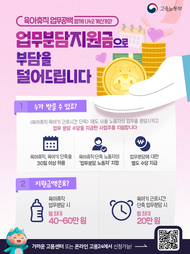 육아 휴직, '업무분담지원금'으로 부담을 덜어드립니다!